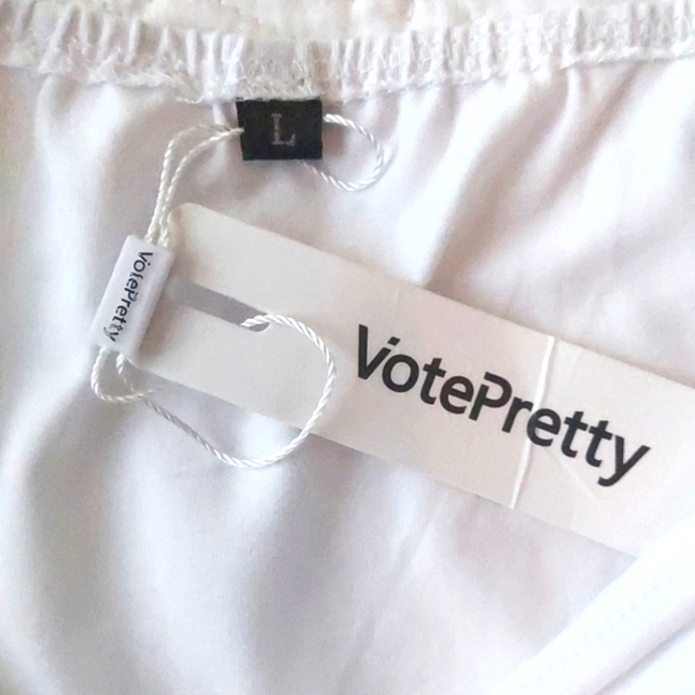 *๐ VotePretty Beachy White Sundress V-Neck Tie Front Dress Pockets, Size L, NEW - Picture 7 of 10